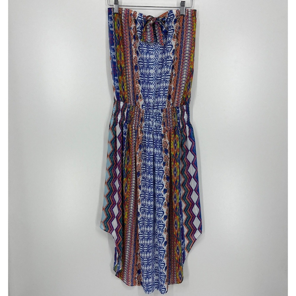 Ramy Brook Strapless Smocked Waist Geometric Print Midi Dress Blue Orange